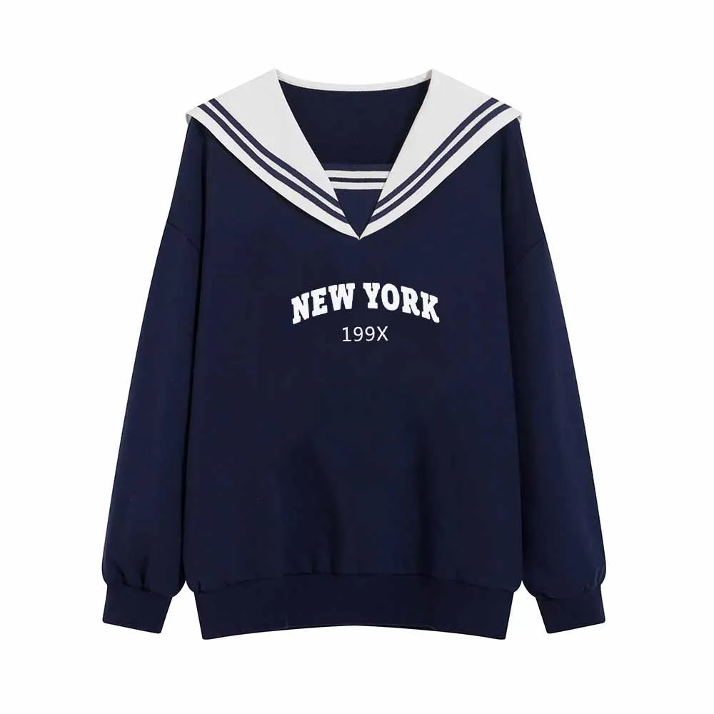 

Пуловер с надписью New York, свитшоты, мягкая женская хлопковая Повседневная Уличная одежда оверсайз с темно-синим воротником в стиле 90-х