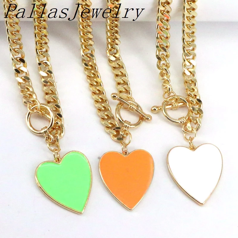 

5Pcs Fashion Gold Curb Link Chain Enamel Heart Pendant Necklace For Women OT Buckle Toggle Choker Femme Jewelry