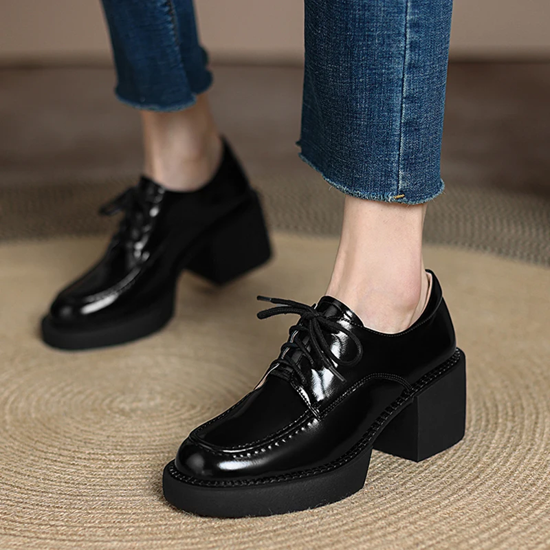 

Spring/Autumn Women Shoes Split Leather Round Toe Platform Shoes Women Solid Lace Up Women Pumps Thick Heel Shoes for Women
