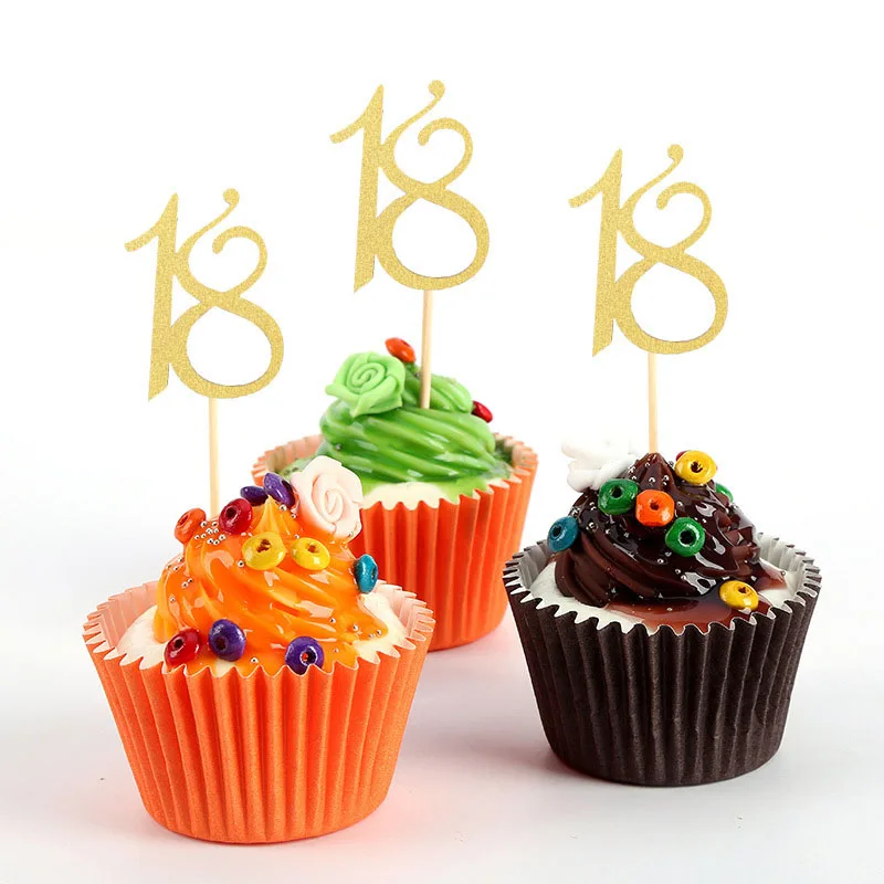 

24pcs Golden Digital 18 Years Old Cake Toppers Cake Decor Inserts Cake Picks Dessert Card Placard for Birthday Party Decorations