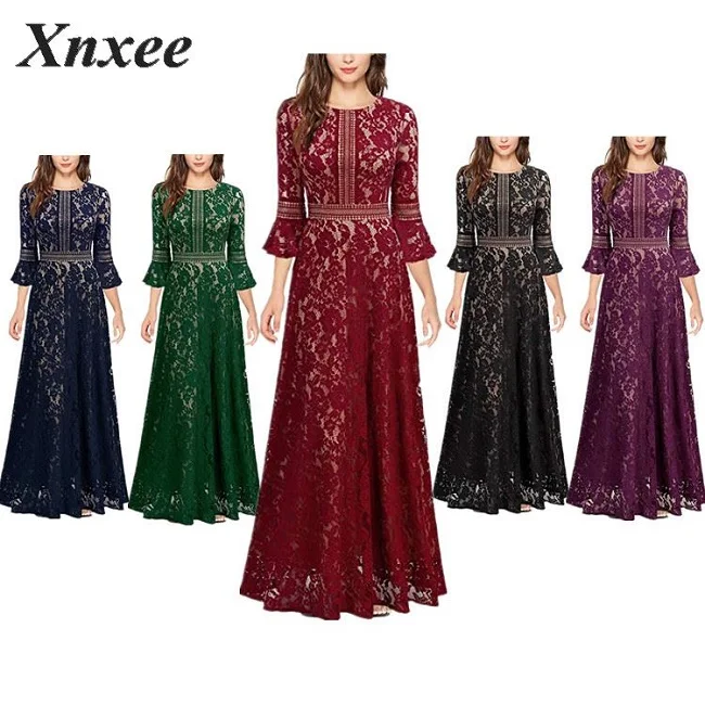 Женское элегантное осеннее Новое Кружевное Свободное длинное тонкое платье Vestido de novia