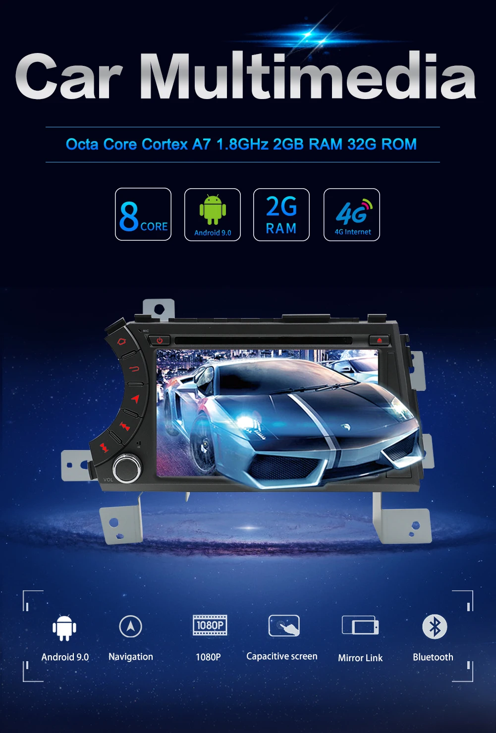 2 din автомобильный dvd gps плеер для ssangyong Kyron Actyon Автомагнитола Android 9,0 Восьмиядерный Wifi BT Радио 2 Гб ram 1024*600 экран RDS