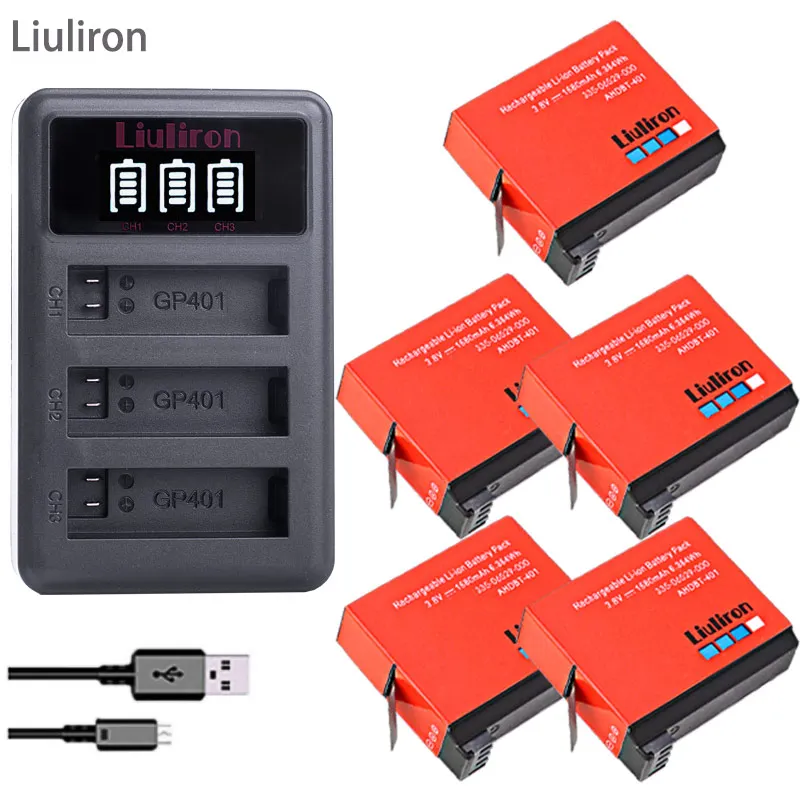 charger and 5battery 1680 мАч Gopro Hero 4 Батарея запасная часть+ светодиодный 3 слотов для карт USB Зарядное устройство для GoPro HERO4 GoPro AHDBT-401 экшн Камера акумуляторная батарея - Цвет: charger and 5battery