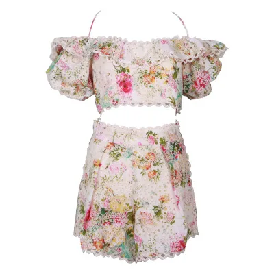 print TWOTWINSTYLE, винтажный принт, вышивка, женский костюм, короткий топ с рукавами-фонариками, высокая талия, свободные шорты, Женский комплект из двух предметов - Цвет: print