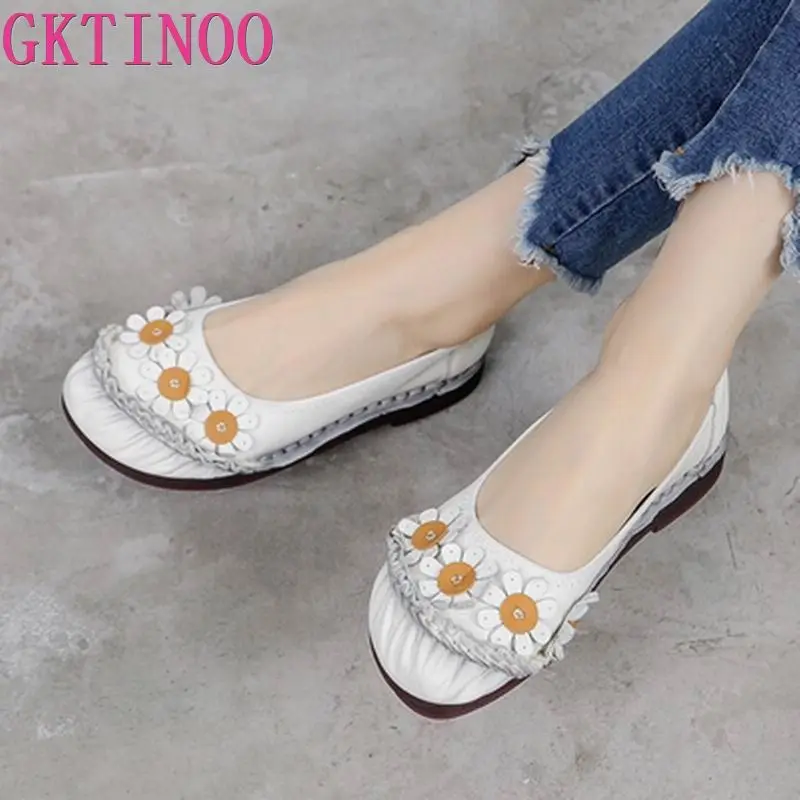Женские лоферы GKTINOO винтажные из натуральной кожи на плоской подошве с цветочным