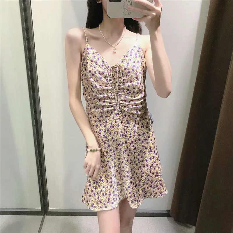 

Za 2021 Print Draped Mini Dress Women Sleevless Thin Straps Sexy Sundress Female Fashion Side Zip Rushing Summer Dresses