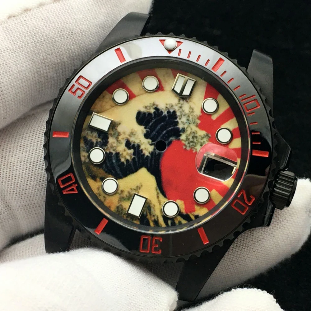 

For Seiko NH35/35A Movement Black Watch Case Customized Wave Dial Modified Watch Case 28.5mm Kanagawa Dial Watch Accessories