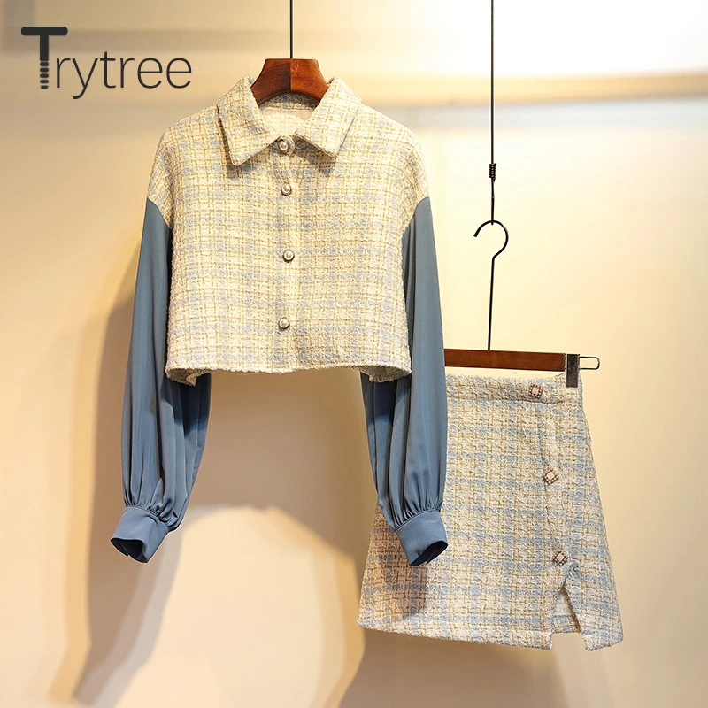 Trytree/2019 осенне зимний женский костюм из двух предметов повседневный топ в клетку