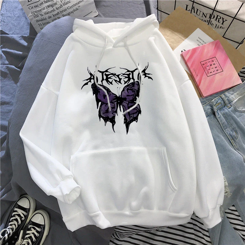 Winter Casual Oversized hoodie Harajuku goth aesthetics Butterfly print Kawaii Streetwear Zipper Y2K Women sweetshirts Loose Top