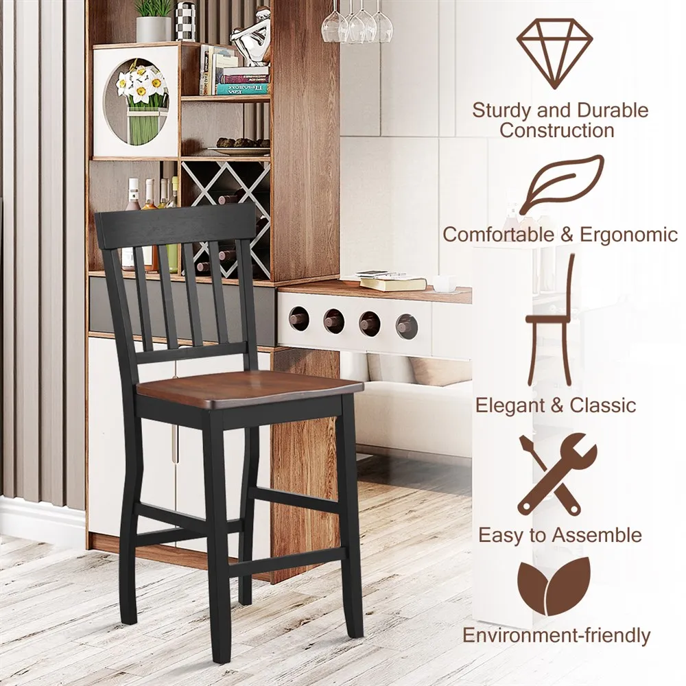 

Set of 2 Bar Stools 24'' Counter Height Barstool Pub Chair Solid Wood Rake Back