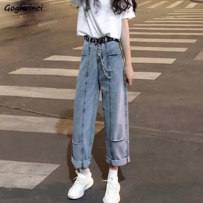 

Jeans Women Hole New Streetwear Students High Waist Straight Washed Vintage All-match Korean Style Soft Chic Simple Denim Solid