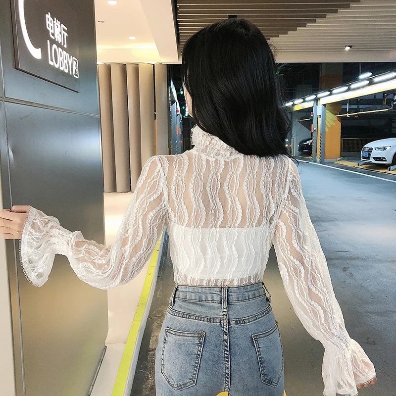 

Deivor 2020 spring lace perspective bottoming shirt long sleeve sexy lace top