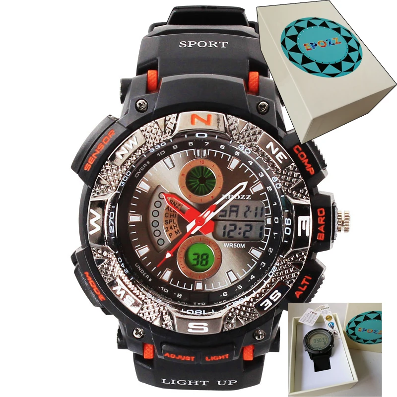 orange with box Многофункциональные мужские электронные наручные часы со светящимися ручками бренд Epozz Роскошные montre homme Цифровые мужские спортивные часы подарок водонепроницаемые - Цвет: orange with box