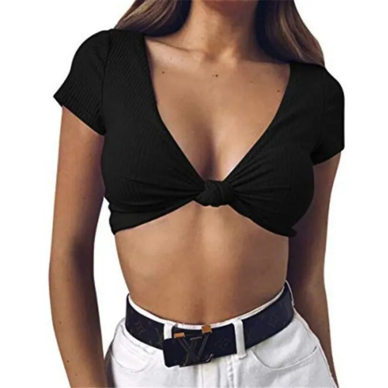 Сексуальный белый топ с глубоким v-образным вырезом узкая облегающая футболка