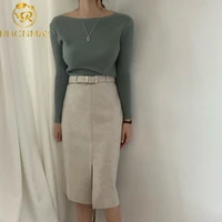 autumn woman office ladies fashion set outfits long sleeve knitted sweater top wool high waist pencil split skirt 2 piece set