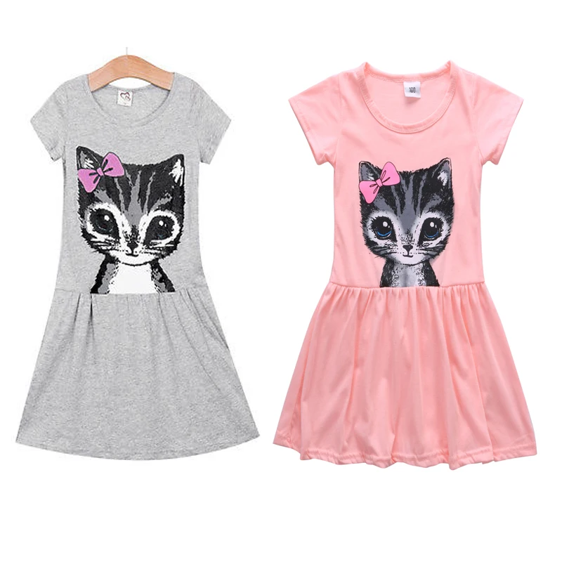 Платье с коротким рукавом и принтом кошки на возраст 1-8 лет | Детская одежда обувь