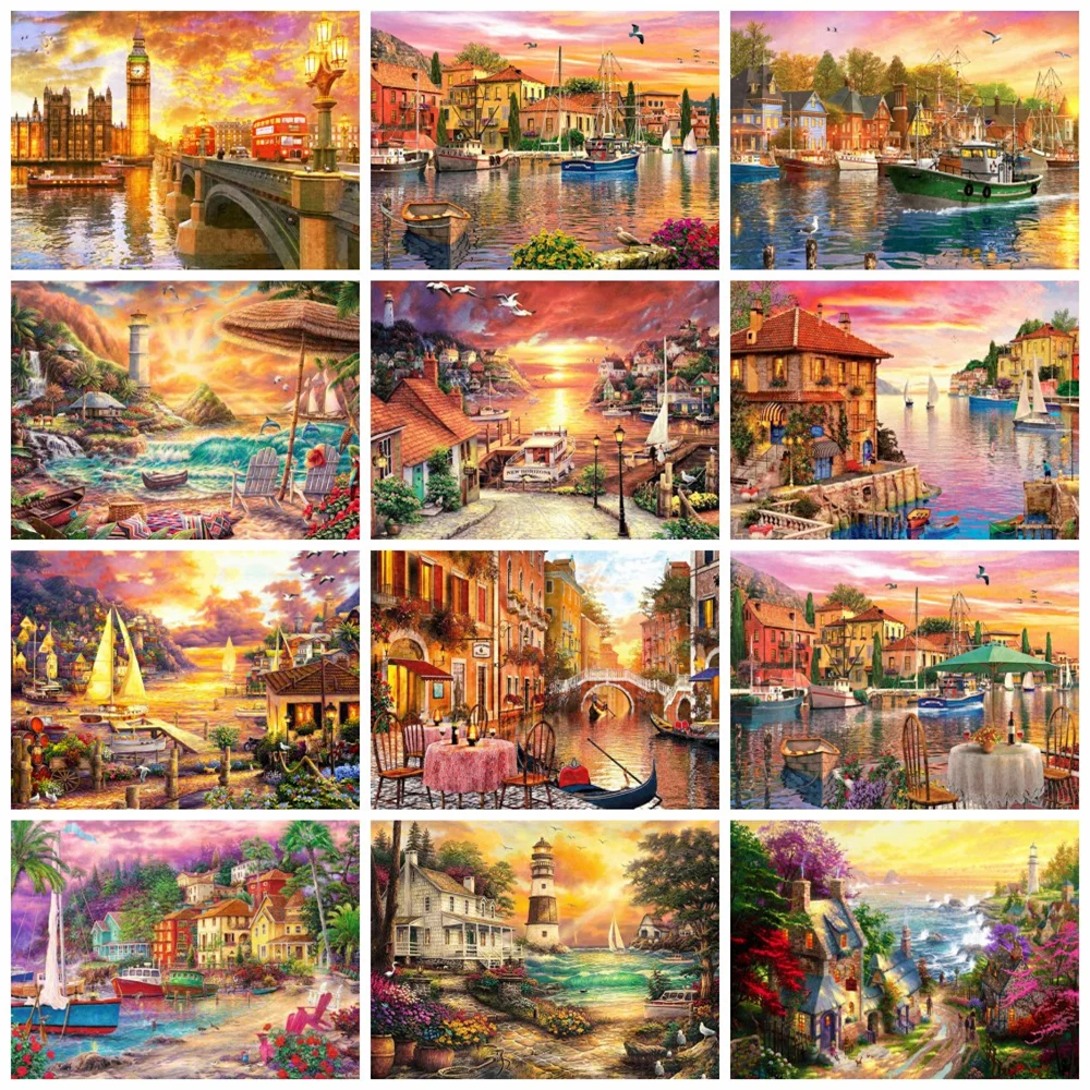 

5D полноразмерная Алмазная картина «сделай сам», Круглый холст, закат, пейзаж, мозаика, вышивка, городское строительство, ландшафт, украшение...