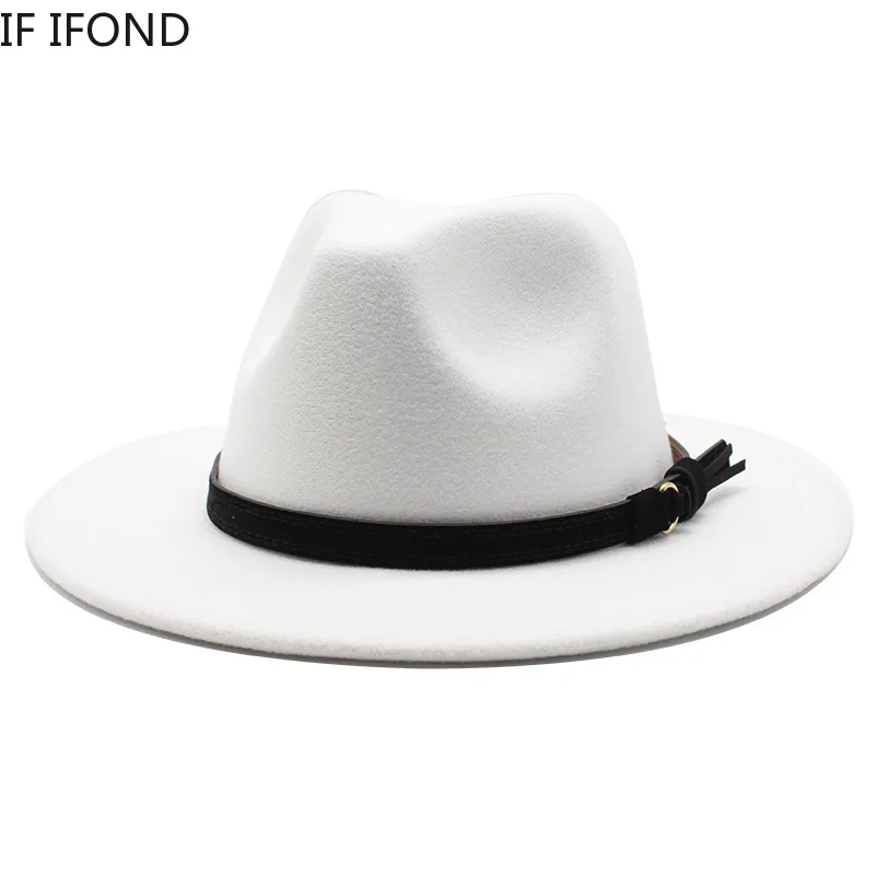 2021 Gangster Trilby Felt Fedora Hat European American Wide Brim Top Jazz Caps Women Men Wool White Wedding Hat 56-58-61CM