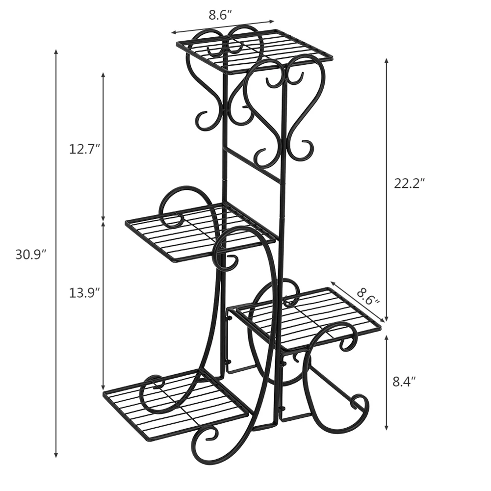 

4 Potted Flower Metal Shelves Plant Pot Square Stand Artwork Decoration for Indoor Outdoor Garden Black 50 x 82cm