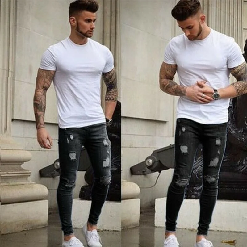 

Men Skinny Stretch Jeans Distressed Ripped Trousers Frayed Slim Fit Denim Pants