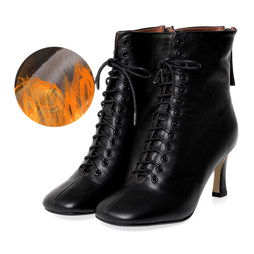 black fur Большие размеры 34-43, Модные ботильоны женская обувь на высоком каблуке со шнуровкой осенне-зимние женские полусапожки на молнии - Цвет: black fur