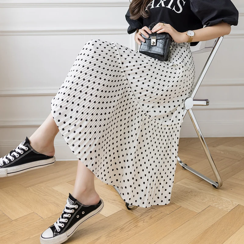 

Limiguyue Летняя Женская эластичная юбка с высокой талией плиссированная юбка-трапеция Женская средней длины шифоновая юбка в горошек средней ...