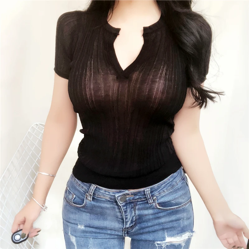

Short-sleeved Sexy V-neck Slim-fit Korean Women's Top Thin Section See-through Solid Color Pure Cotton Stretch T-shirt Women