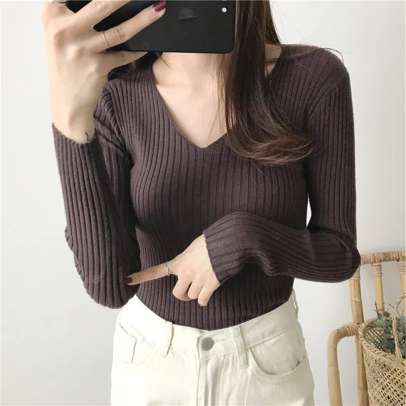 Spring Fashion V-neck Sweater Solid Women Long Sleeve 2022 Autumn Winter Clothes Knit Slim Warm Sexy Pullover | Женская одежда