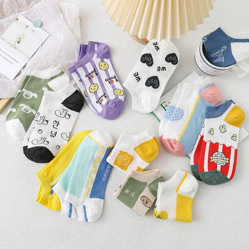 

12 Pairs Cartoon Women's Socks Pack Pure Cotton Breathable Cute Smile Lovely Animal Pattern Thin Korean Style 2021 New Product