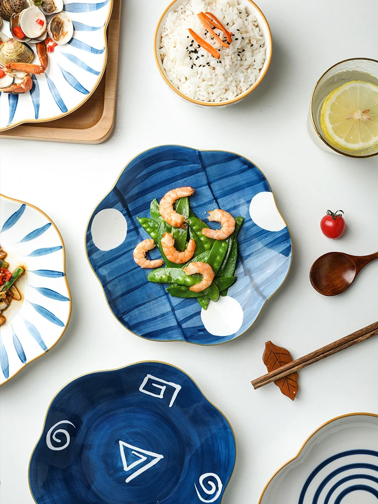 

Ins Popular Japan Style Hand-Painted Under Glazed Salad Plates Floral Flower Sharp Snack Dishes 8inch 8.5 Inch Food Container