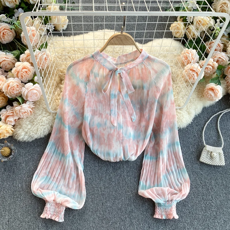 

Lady New Fashion Chiffon Long Sleeve Shirt Women's Pleated Printing Long Sleeve Tops Elegant Blouse Blusas De Mujer Q942