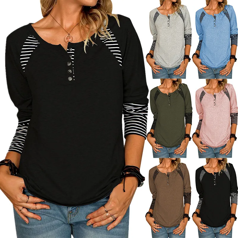 

Autumn And Winter Stitching Slim Long-Sleeved Printing Striped Casual Fashion T-Shirt Top Women