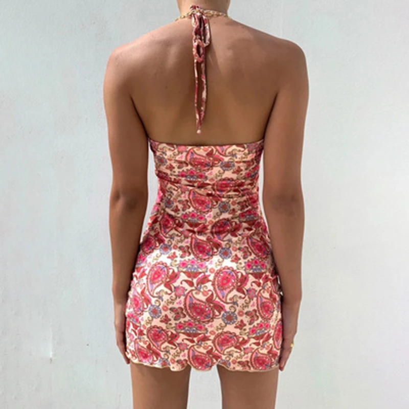 

Summer Skirt Ladies New Style Printed Halter Neck Slim Dress Sexy Spaghetti Strap Printed Holiday Beach Skirt Party Midi Dress
