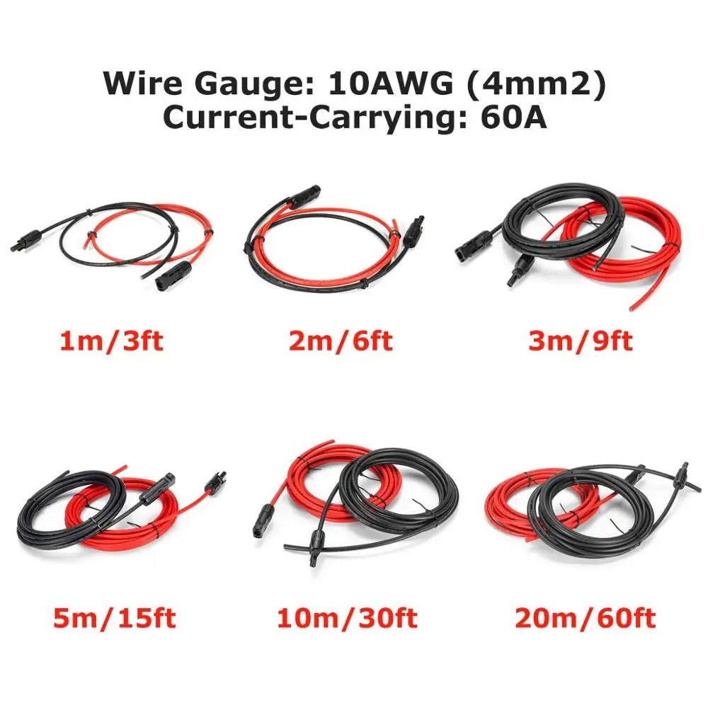 

Solar Panel Extension Copper wire Cable Black/Red 6mm 10AWG 1pair Male Female Used in Home Solar System PV Connector Solar Cable