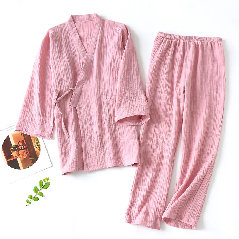 

2PCS Sleepwear Lovers' Japanese Style Pajamas Couple Cotton Gauze Sweat Steam Kimono Bath Gown Loose Soft Home Clothing Suit