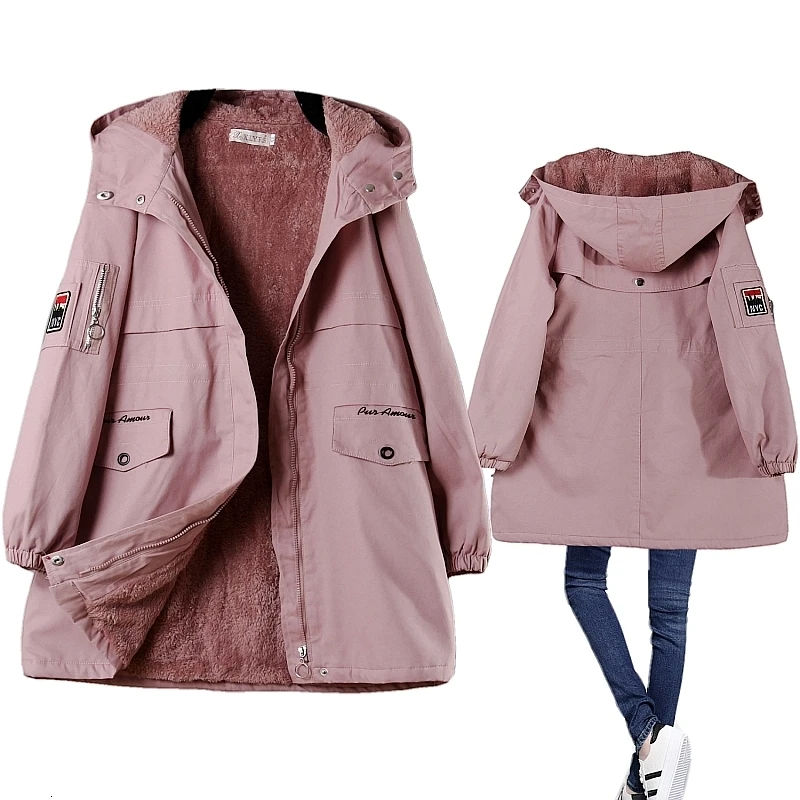 Winter Women Coat Windbreaker Jacket Parka Hooded Mid Length Loose Fleece Padded Long Casual Zipper Solid