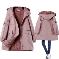 winter women coat windbreaker jacket parka hooded mid length loose fleece padded long casual zipper solid