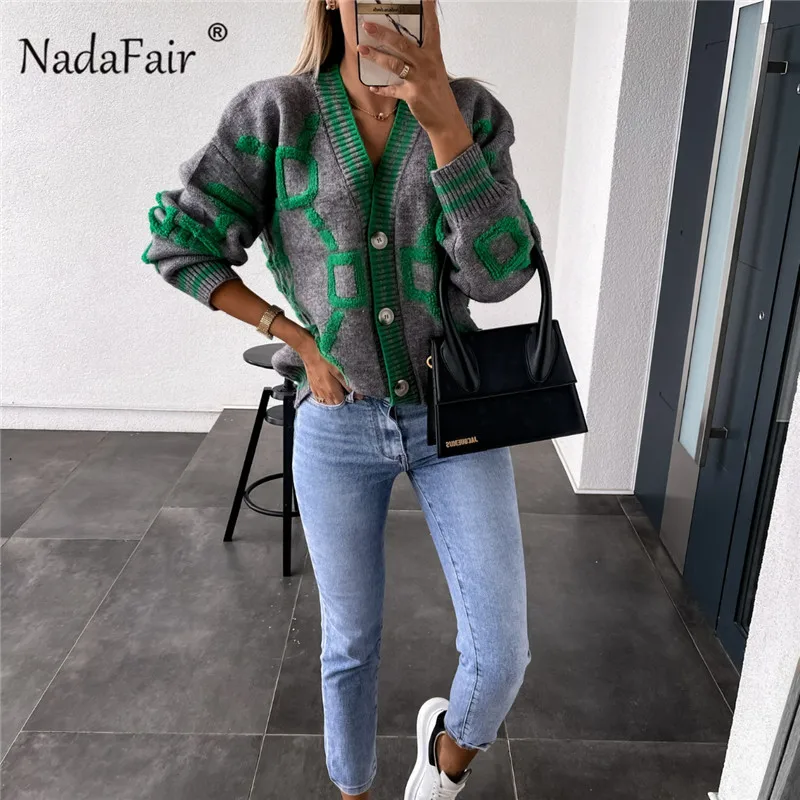 Nadafair Geometric Pattern Cardigan Women Green Vintage Knitted Tops 2021 Autumn Button Up Long Sleeve Winter Sweater Coat Muje images - 6