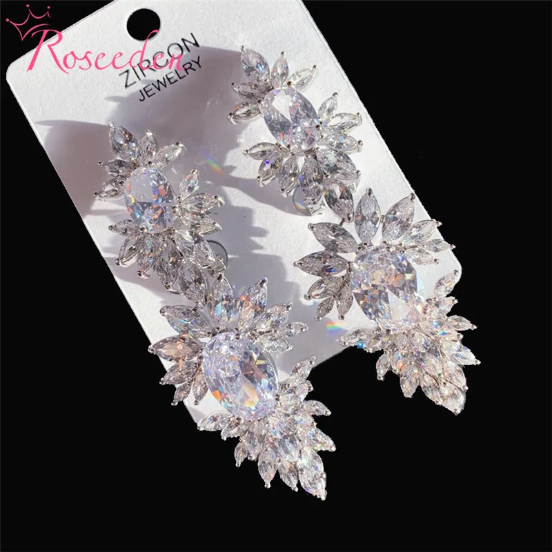 

Luxury Leaves Long Drop CZ Earrings for Women Silver Color Crystal Hanging Dangle Earrings Wedding Jewelry RE4053
