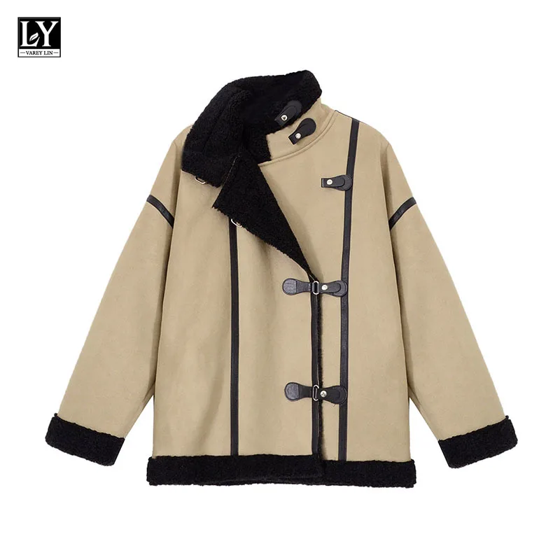 

LY VAREY LIN Winter Women Single Breasted Turn-Down Collar Lamb Casual Spliced Patchwork Jacket Faux Fur Coffee Coat