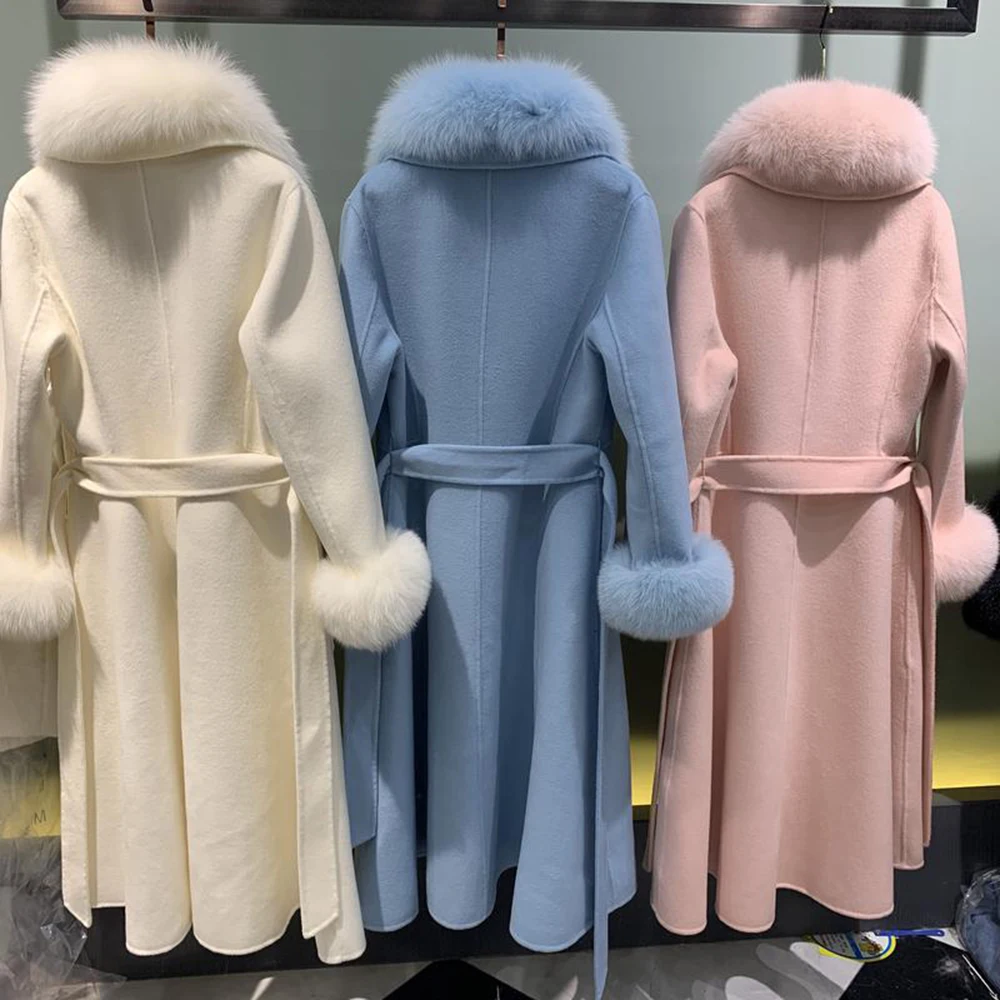 JAZZEVAR winter Coat Elegant Women Luxurious Natural Fox Fur Jacket X-Long Cashmere double faced Wool Outerwear Ladies coats enlarge