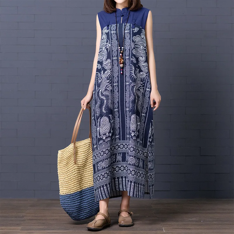 2020 Chinese National Party Dresses Vintage Floral Animal Print Cotton Linen Dress Mandarin Collar Women Lose Big Size | Женская одежда
