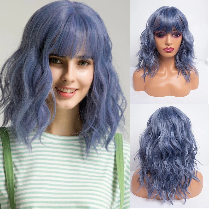 

Blue Short Curly Bob Wigs With Bangs for White Women Synthetic Wavy Wig Heat Resistant Cosplay Pink Black Fake Hair