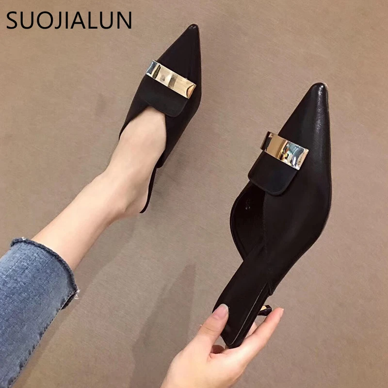 SUOJIALUN/Коллекция года; женские туфли без задника; Тапочки низкий каблук; острый носок; пикантные женские босоножки; повседневная женская обувь; слипоны; брендовые туфли