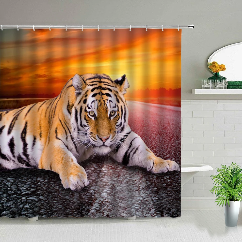 

Tiger Shower Curtain Lion Animal Pattern Waterproof Fabric Bathroom Decor Bathtub Partition Bath Curtains Background Wall Decor