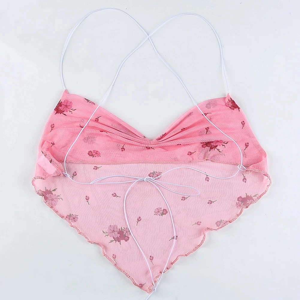 

2021 Pink Cute Mesh Halter Tops Summer Women Flower Print Y2K Aesthetic Kawaii Clothes Sleeveless Backless Sexy Crop Top
