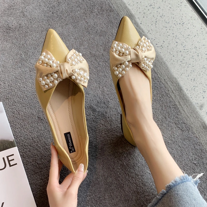 Summer Women's Pearl Bowknot Flats Comfortable Soft Sole Casual Shoes Woman New Pointed Toe String Bead Single Shoes