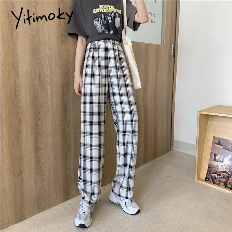 Yitimoky женские штаны harajuku клетчатые брюки для женщин бегуны эластичные с высокой