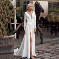 charming a line wedding dress v neck backless long sleeve sweep train 2021 white satin vestido de noiva sereia
