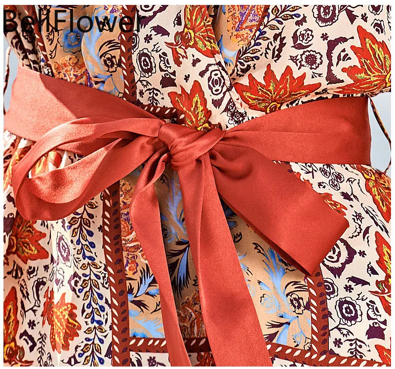 

100% Silk Midi Dress for Women 2021 Summer Bohemian Vintage Printed Bandage V-Neck Short Sleeve Chinese Fashion Swing Dresses